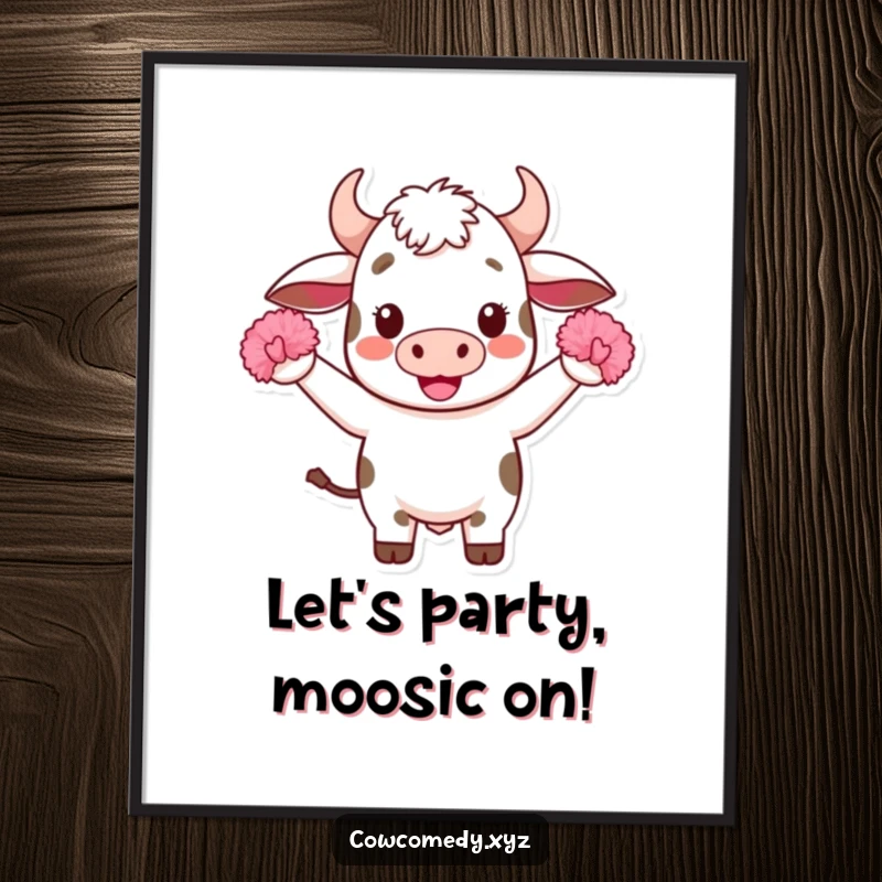 Funny Free Printable Wall Art: A Kawaii cow with tiny pom-poms cheers with pure joy.