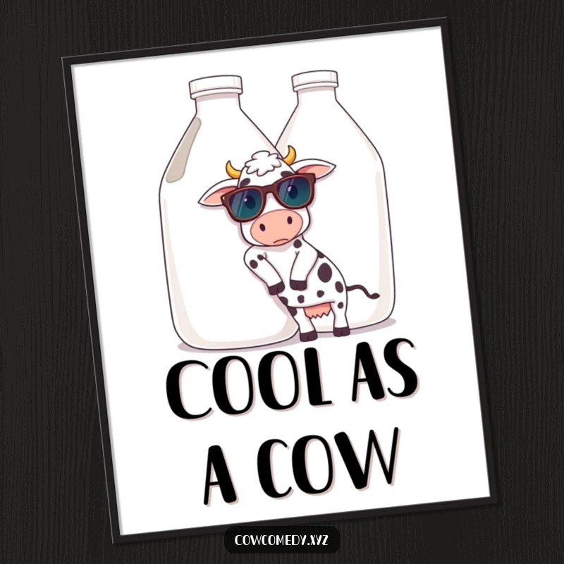 Funny Free Printable Cow Wall Art: A Cow Sporting Sunglasses Leans Coolly Against a Massive Milk Jug