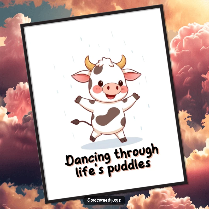 Funny Free Printable Cow Wall Art: A Blissful Cow Dancing Happily in a Downpour with a Wide, Cheerful Smile