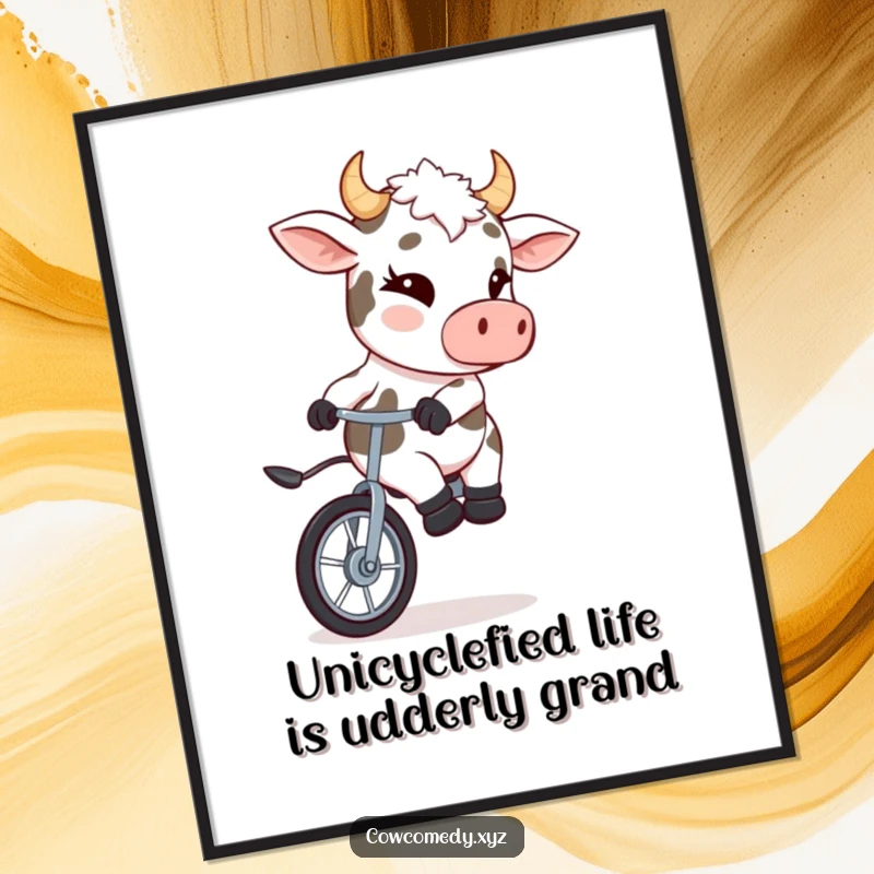 Funny Free Printable Wall Art of a mischievous cow winking while riding a unicycle, perfect for adding humor to any room.