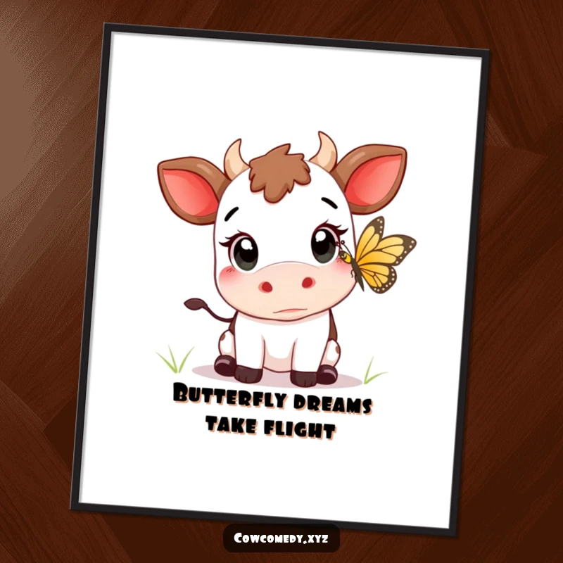 Funny free printable wall art: a Kawaii cow with huge, curious eyes trying to catch a delicate butterfly.