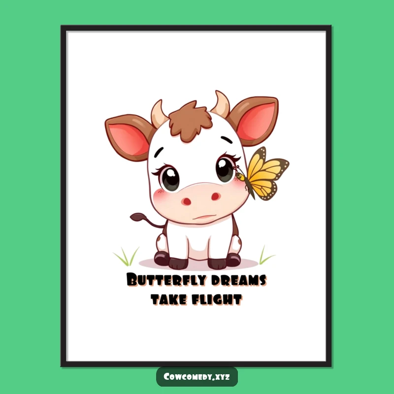 Free Printable Kawaii Cow Butterfly Art: Wide Eyes Funny Downloadable Decor