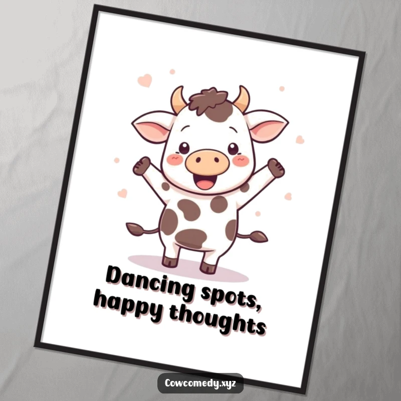 Funny free printable wall art: a Kawaii cow in a happy dance pose with colorful spots flying everywhere.