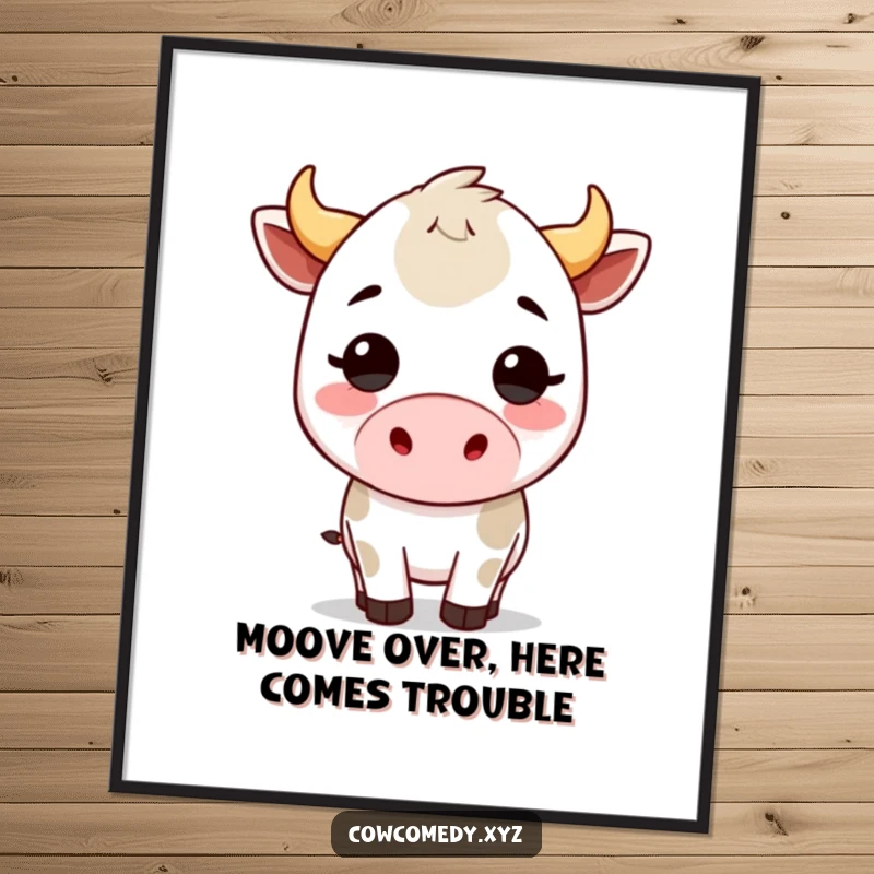 Funny Free Printable Wall Art: a charming Kawaii cow performing a playful headbutt, adding whimsical decor.