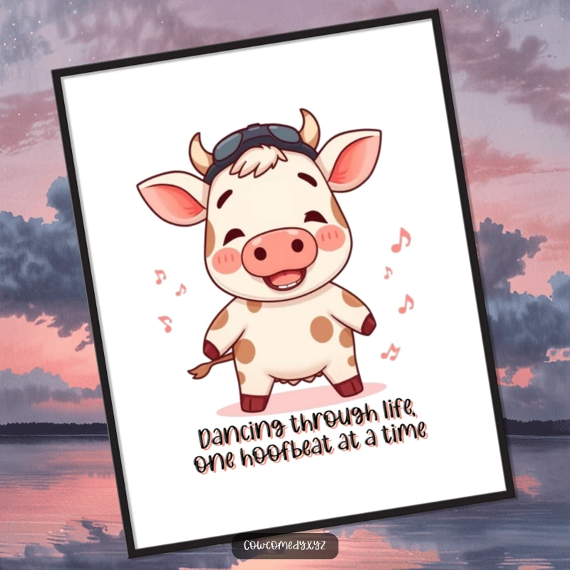 Funny Free Printable Wall Art of a cow with rosy cheeks, swaying happily to an unheard rhythm, a charming addition.