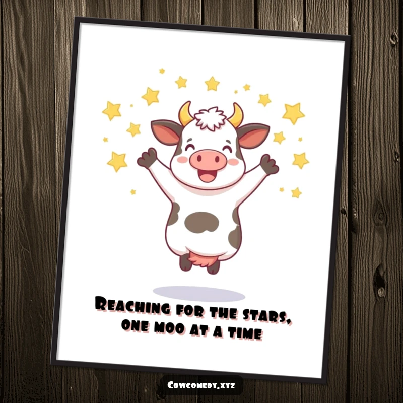 Funny Free Printable Wall Art of a joyful cow leaping through a dazzling shower of stars, perfect for a whimsical touch.