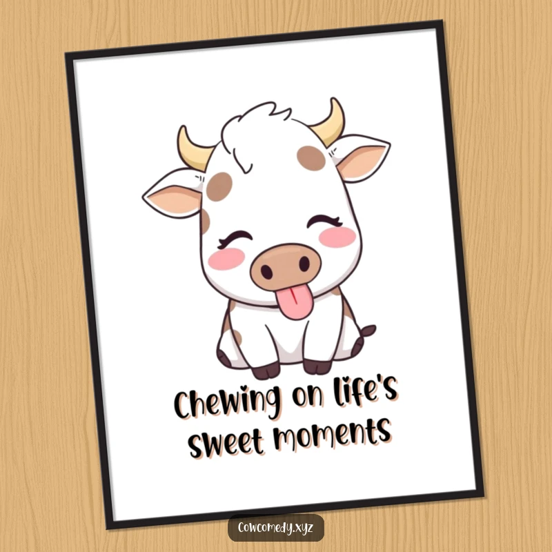 Funny Free Printable Wall Art: A blissfully contented cow with eyes closed happily chews, radiating peaceful humor.