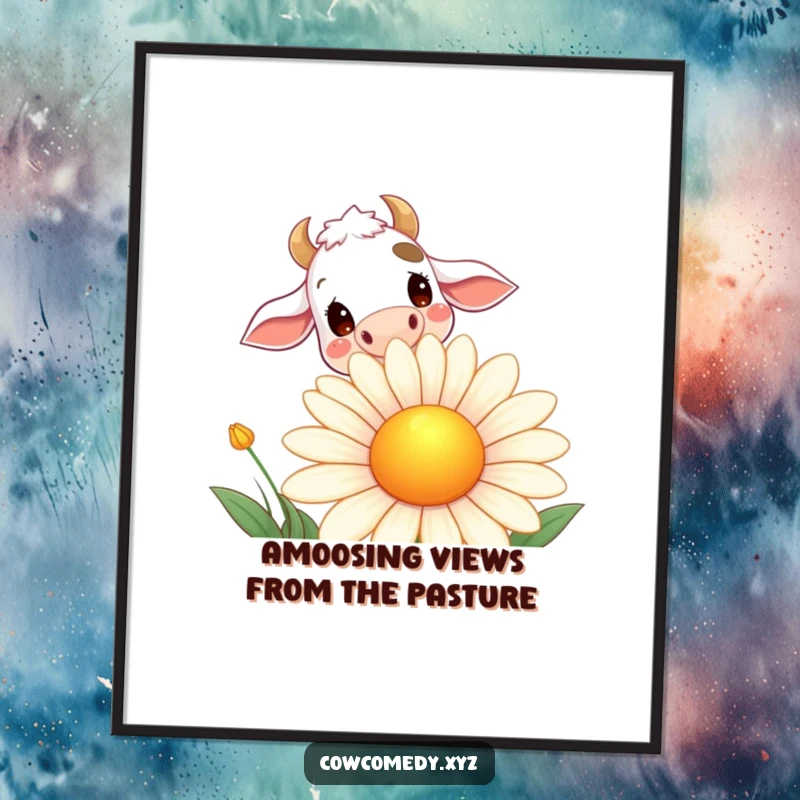 Funny Free Printable Wall Art: A curious cow peeking over a giant, smiling daisy, adding whimsical charm to any room.