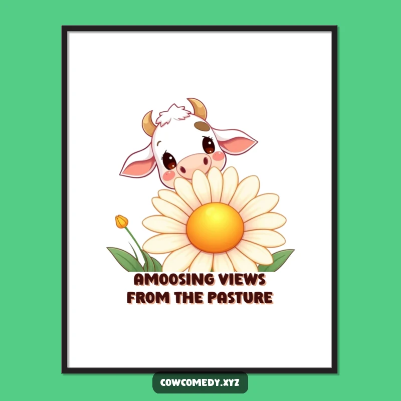 Free Printable Wall Art: Curious Cow over Daisy - Funny Downloadable Art Gift