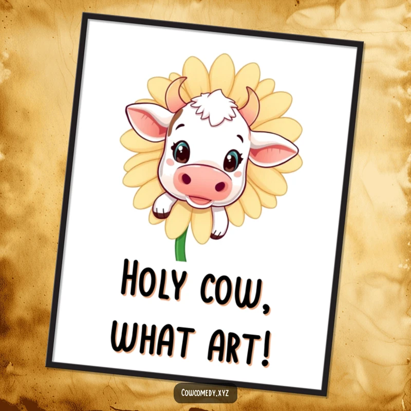 Funny Free Printable Wall Art: Adorable kawaii cow with wide eyes peeking from behind a giant daisy, whimsical art.