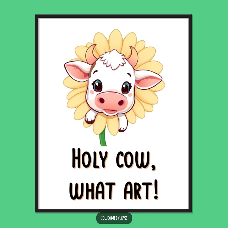 Free Printable Wall Art: Curious Kawaii Cow Daisy Surprise Funny Downloadable Art Gift