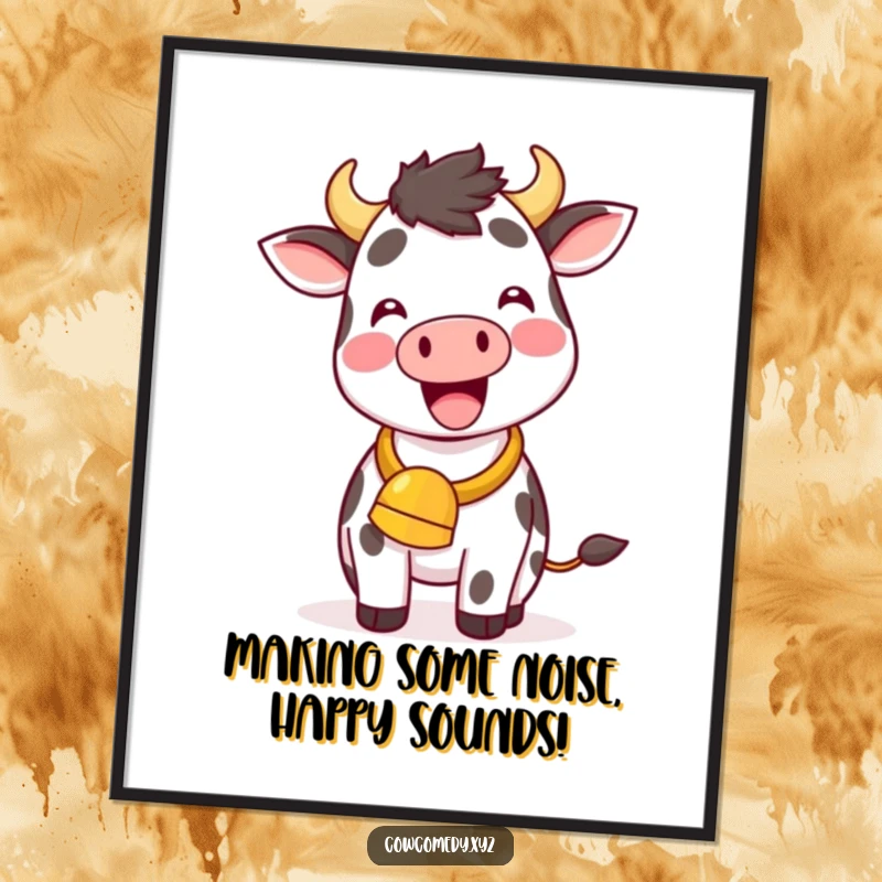 Funny Free Printable Wall Art: A gleeful kawaii cow enthusiastically ringing its cowbell, perfect for humorous downloadable art.