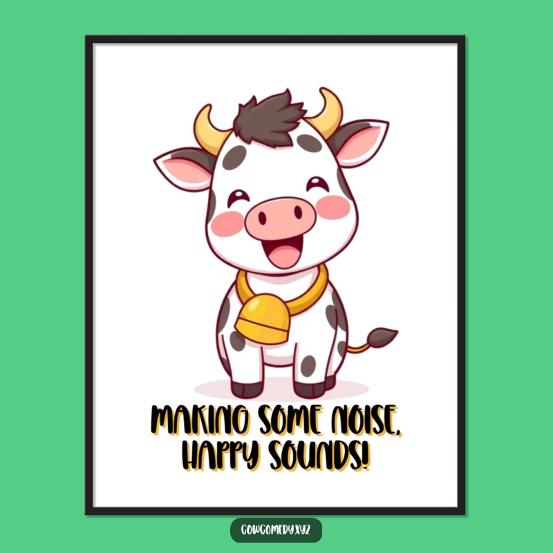 Free Printable Wall Art: Delighted Kawaii Cow with Cowbell, Funny Downloadable Art for Home