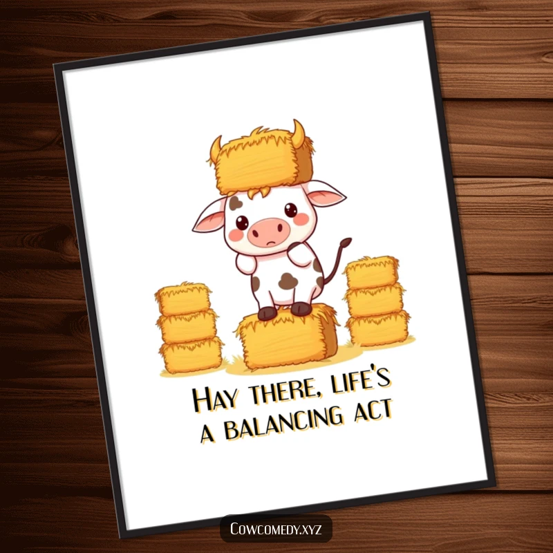 Funny Free Printable Wall Art: A determined kawaii cow attempting to balance a huge stack of hay bales, downloadable art.
