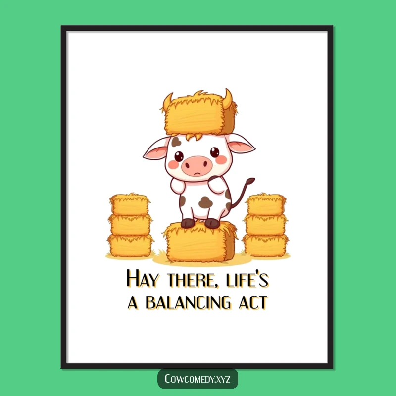 Free Printable Wall Art: Determined Kawaii Cow Balancing Hay, Funny Downloadable Art