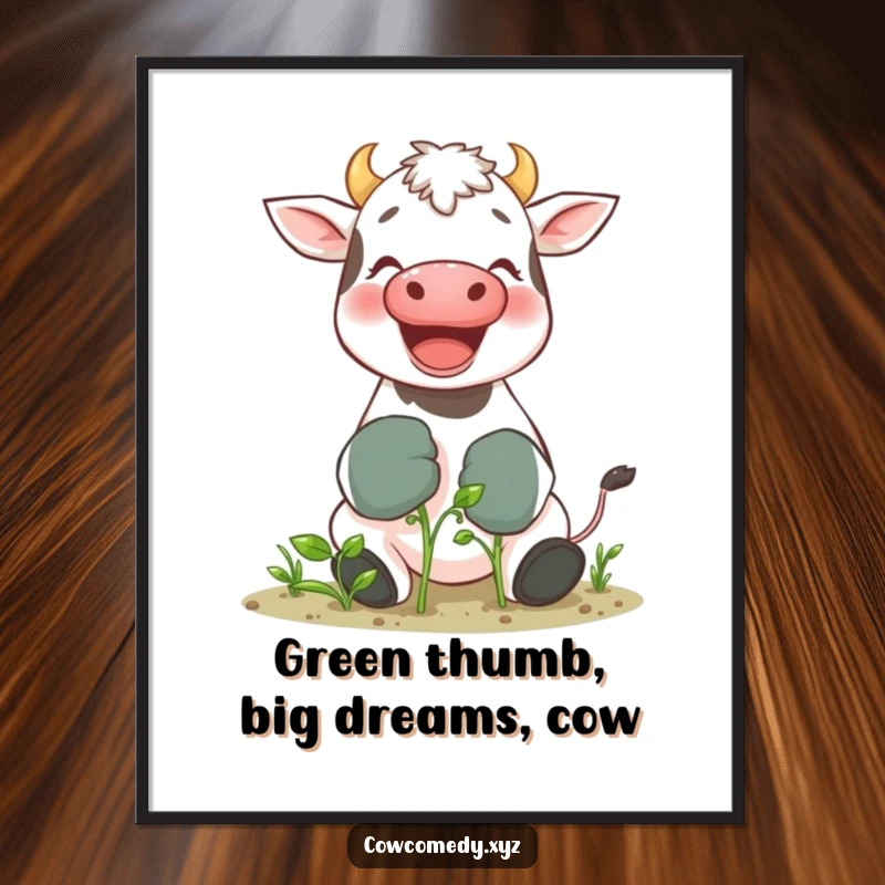 Funny Free Printable Wall Art: A giggling cow wearing oversized gardening gloves, lovingly tending to a tiny sprout.