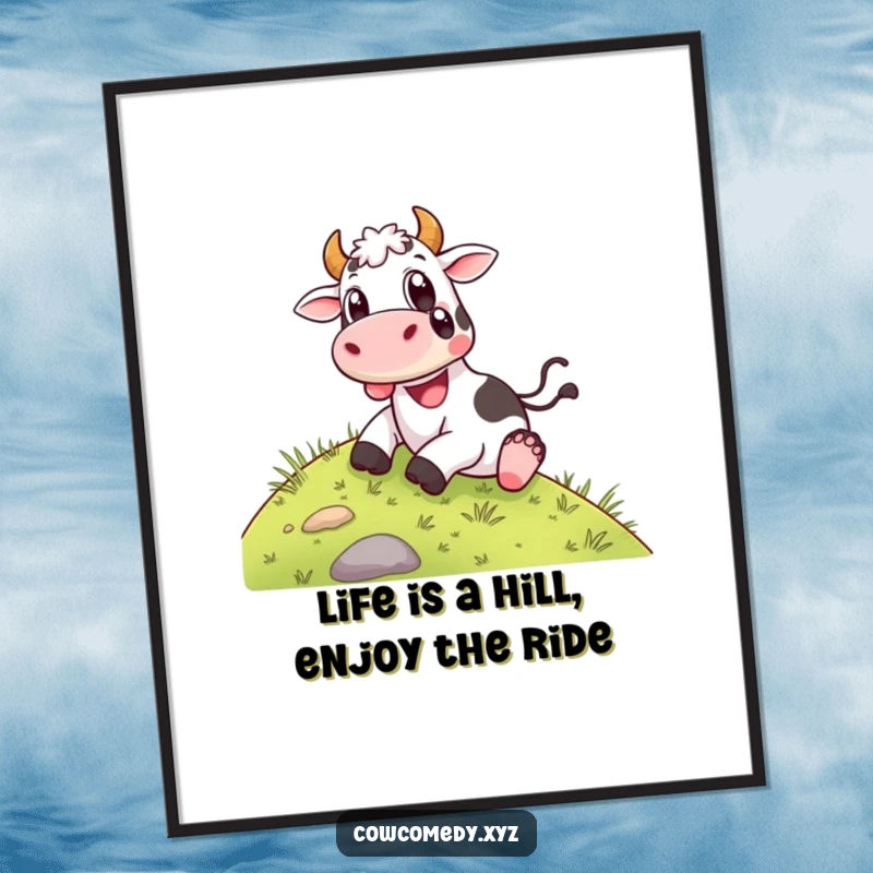 Funny Free Printable Wall Art depicting a happy cow sliding down a grassy hill with wide, delighted eyes, radiating pure fun.