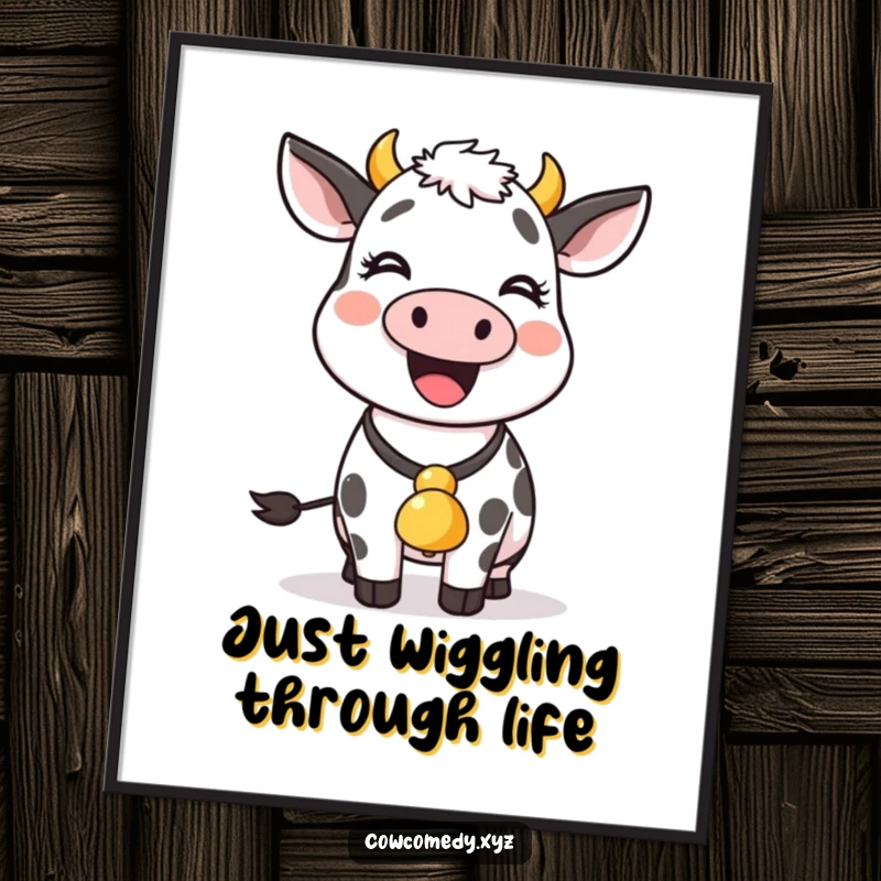 Funny Free Printable Wall Art: A cheerful cow with a bell around its neck is captured mid-wiggle, exuding pure, uninhibited joy.