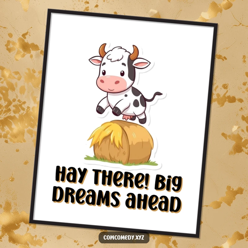 Funny Free Printable Wall Art: A cow character performs an impressive jump over a hay bale, bringing dynamic humor.