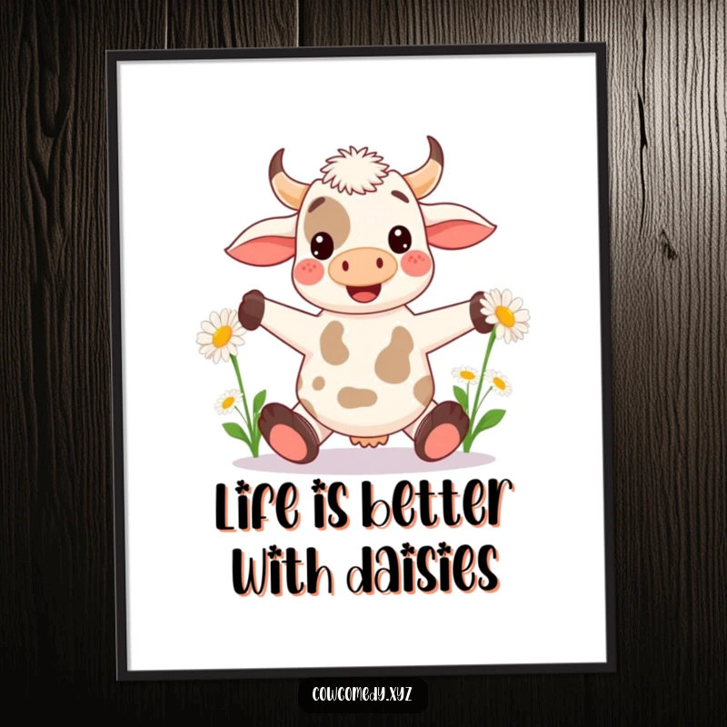 Free Printable Wall Art: A cheerful kawaii cow happily juggling oversized daisies with its hooves, a delightful quirky design.
