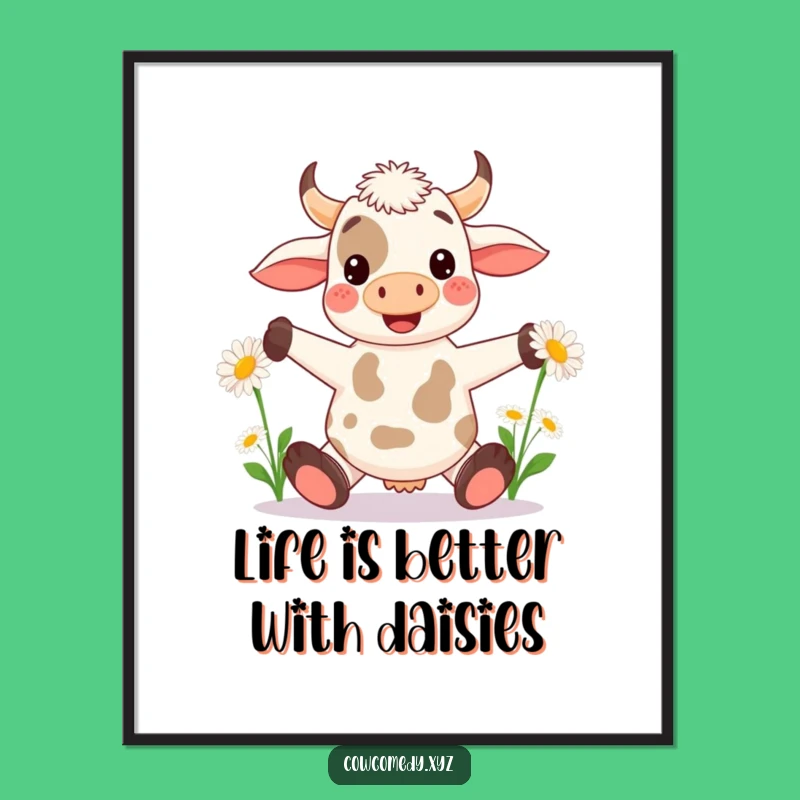 Free Printable Wall Art: Kawaii Cow Juggling Daisies, Whimsical Downloadable Decor