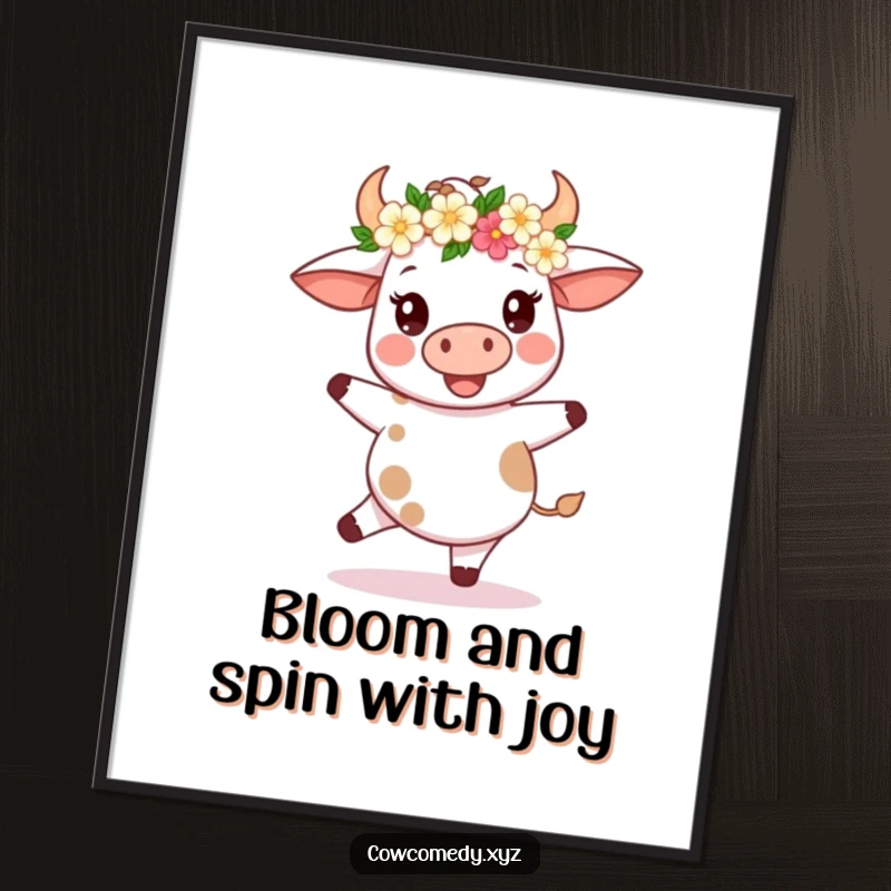 Free Printable Wall Art: A kawaii cow wearing a beautiful flower crown, caught in a joyful little spin, radiating happiness.