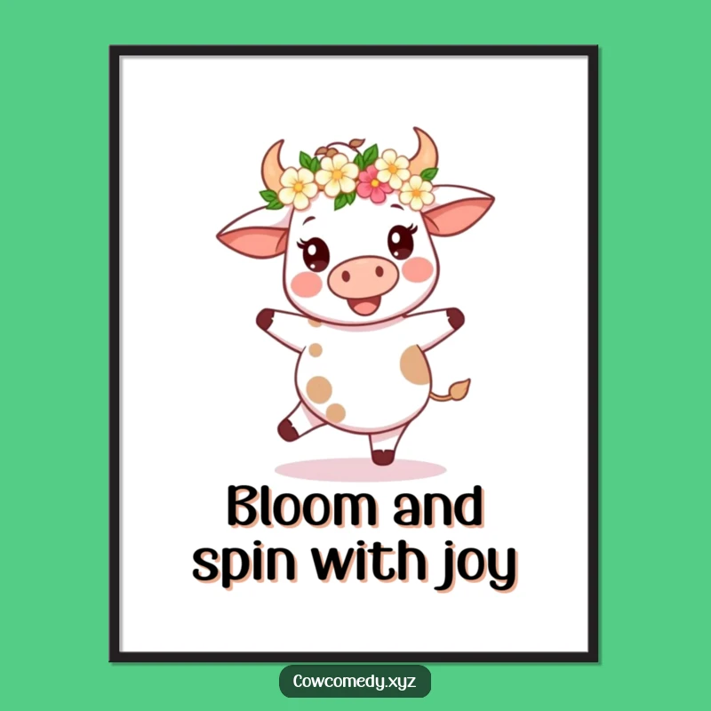 Free Printable Wall Art: Kawaii Cow Spinning, Flower Crown, Whimsical Downloadable Decor