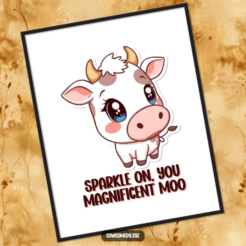 Free Printable Wall Art: A cow character with big, sparkly eyes playfully tipping its head sideways, exuding charm and sweetness.