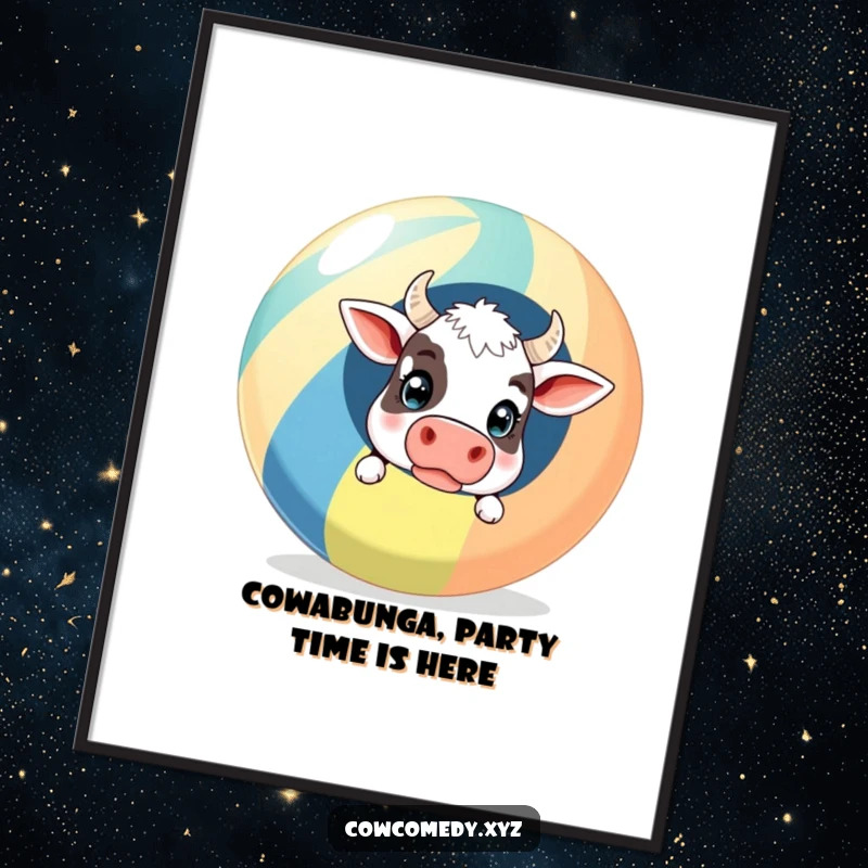 Funny Free Printable Wall Art of a cow looking surprised as it peeks from behind a giant, colorful striped beach ball.