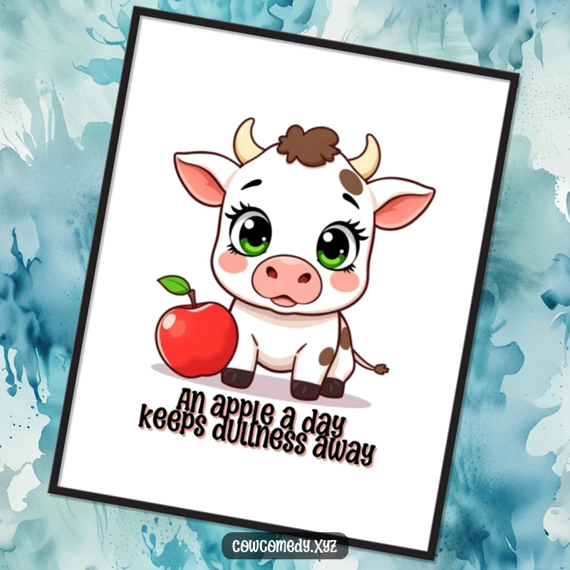 Funny Free Printable Wall Art: A shocked kawaii cow with wide eyes watching an apple fall, humorous downloadable art.