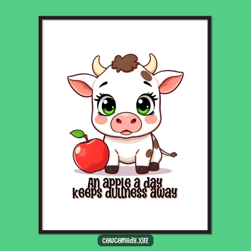 Free Printable Wall Art: Surprised Kawaii Cow & Apple, Humorous Downloadable Art