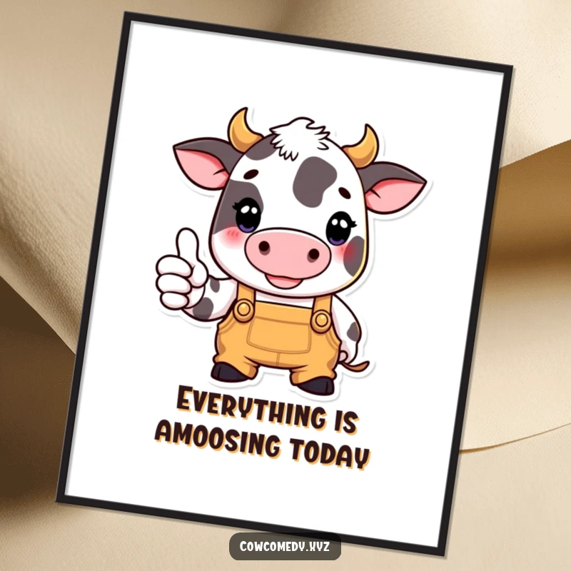 Funny Free Printable Wall Art: A cow in overalls proudly gives a big thumbs up, radiating positivity and humor.