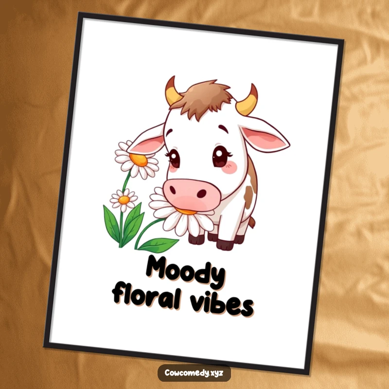 Funny Free Printable Wall Art depicting a curious cow engrossed in sniffing a giant, vibrant daisy, bringing smiles.