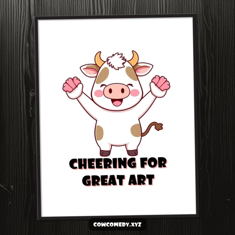 Funny Free Printable Wall Art: A Kawaii cow enthusiastically cheering with tiny pom-poms, perfect for vibrant downloadable decor.