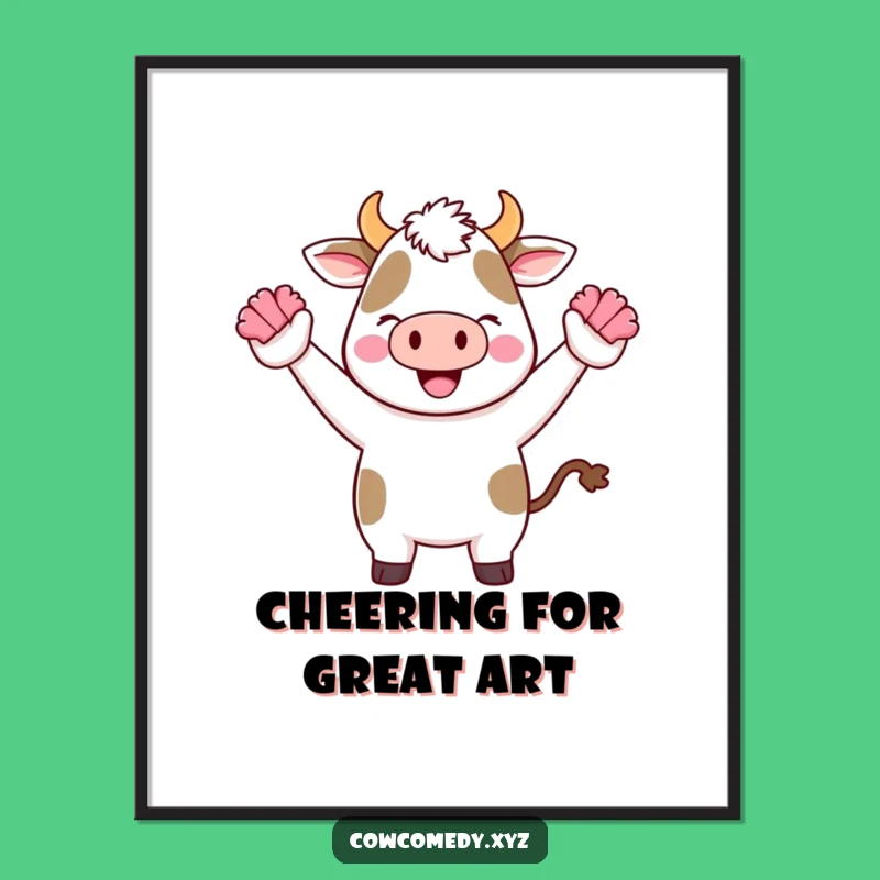 Funny Free Printable Wall Art: Cheering Kawaii Cow, Energetic Downloadable Decor for Walls