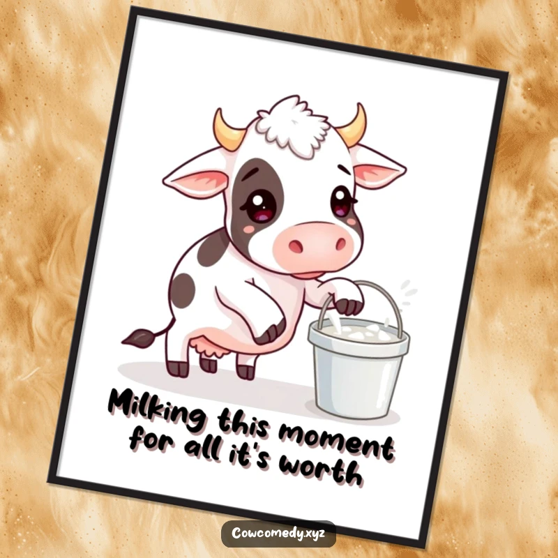 Funny free printable wall art: A cow comically tries to balance a milk bucket, a delightful downloadable.