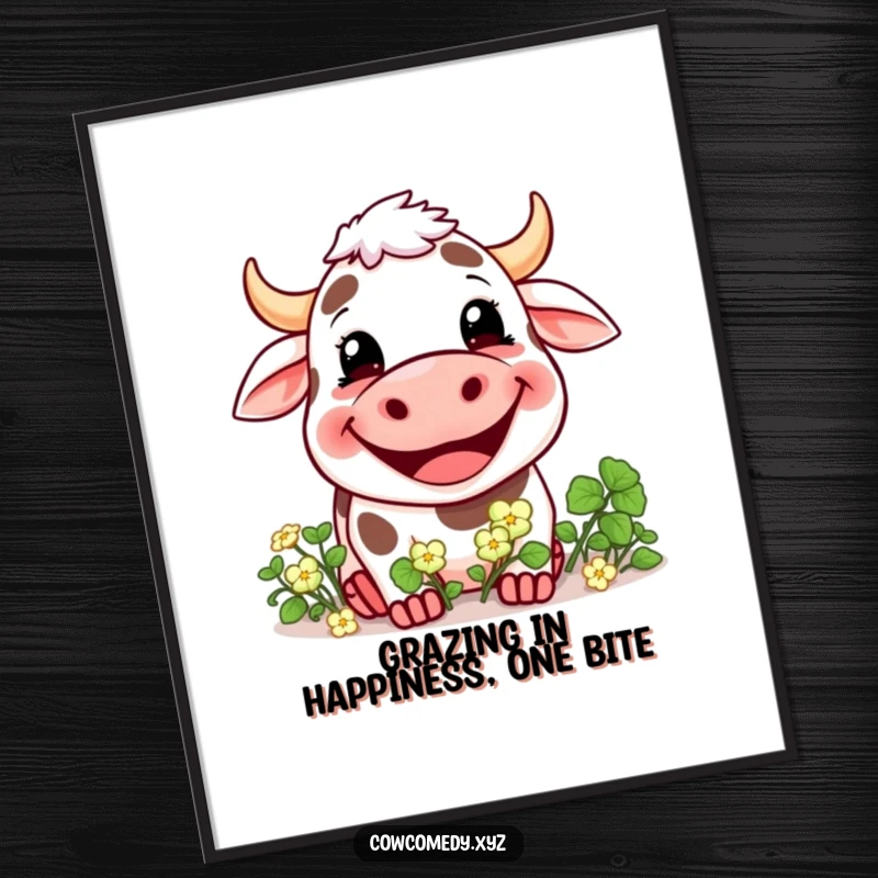 Funny free printable wall art: A cow with a wide grin happily eats a bunch of clover, cheerful decor.
