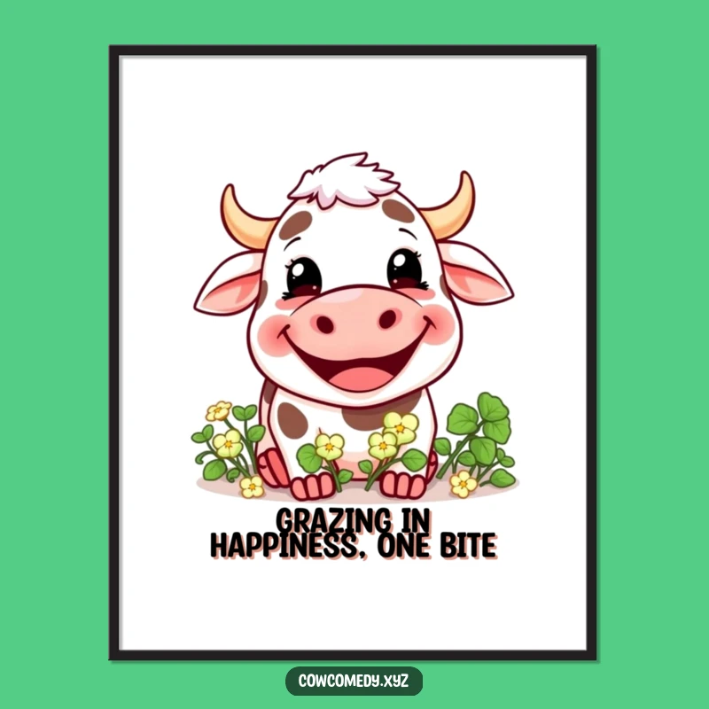 Funny Free Printable Wall Art: Happy Cow Eating Clover, Downloadable Farm Decor
