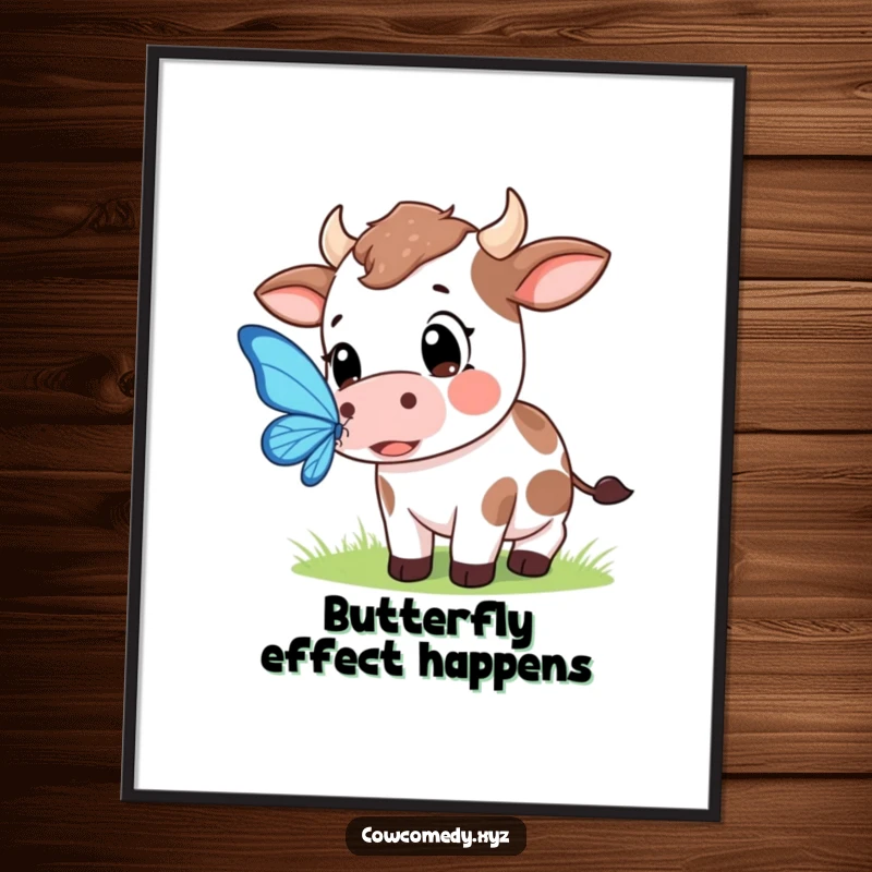 Funny Free Printable Wall Art: A Kawaii cow with wide, curious eyes trying to catch a colorful butterfly.