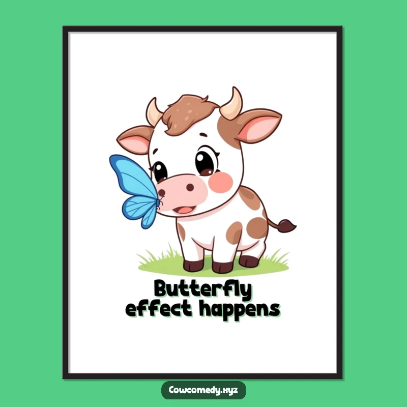 Funny Free Printable Wall Art: Kawaii Cow's Butterfly Chase! Downloadable Decor for Whimsy.