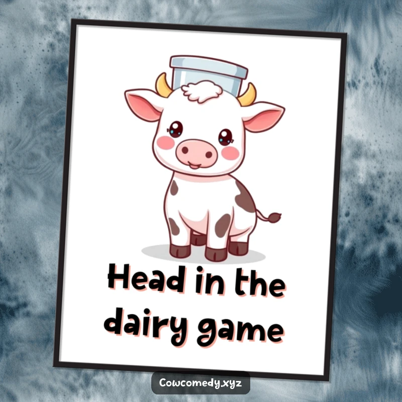 Funny Free Printable Wall Art: A Kawaii cow expertly balancing a full milk pail on its head with a smile.