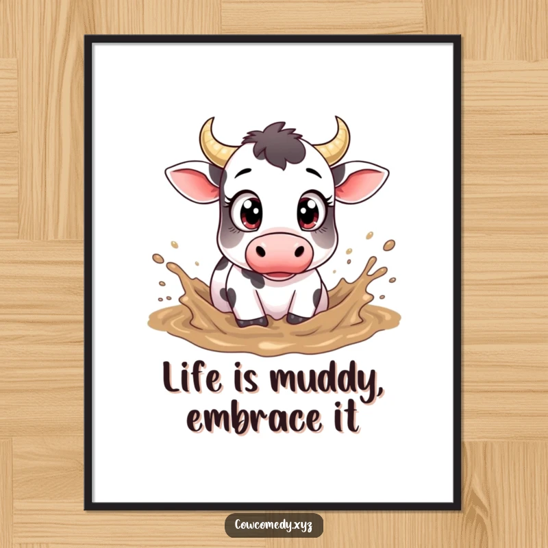 Funny Free Printable Wall Art: A cow with large, innocent eyes gleefully splashing in a muddy puddle, full of playful spirit.