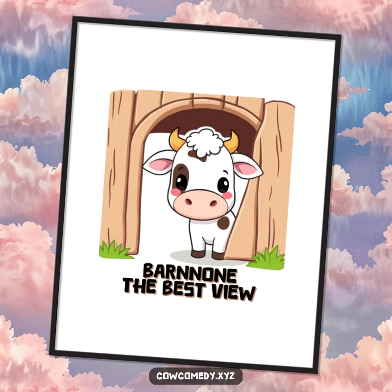 Funny Free Printable Wall Art: A Kawaii cow playfully peeking from behind a barn door, charming downloadable art for any room.