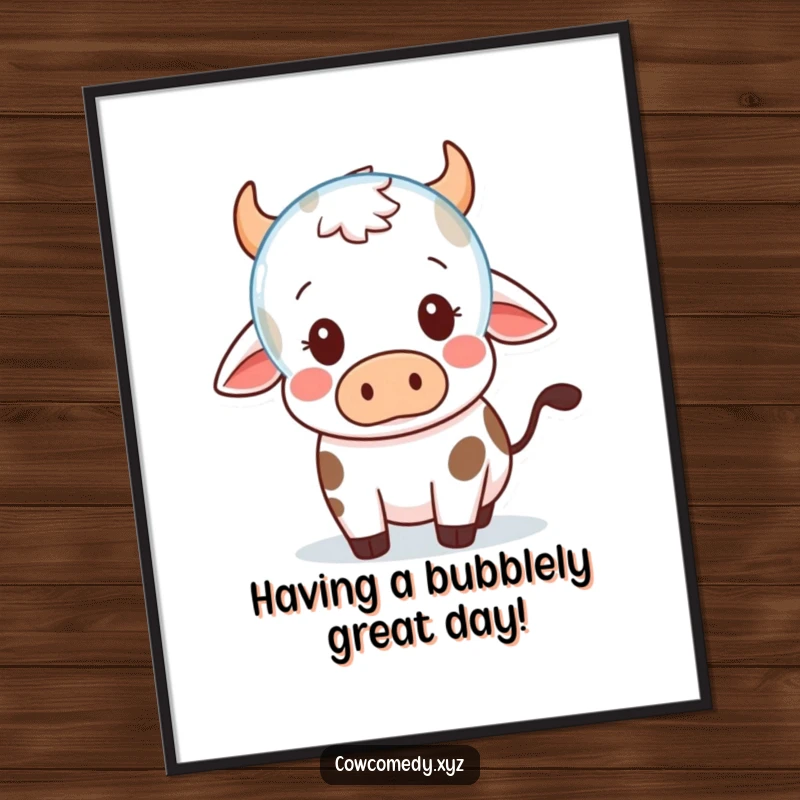 Funny Free Printable Wall Art: A Kawaii stylized cow character looking surprised by a random floating bubble.