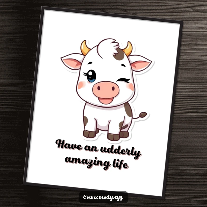 Funny Free Printable Wall Art: A charming Kawaii cow winks with a playful, mischievous grin.