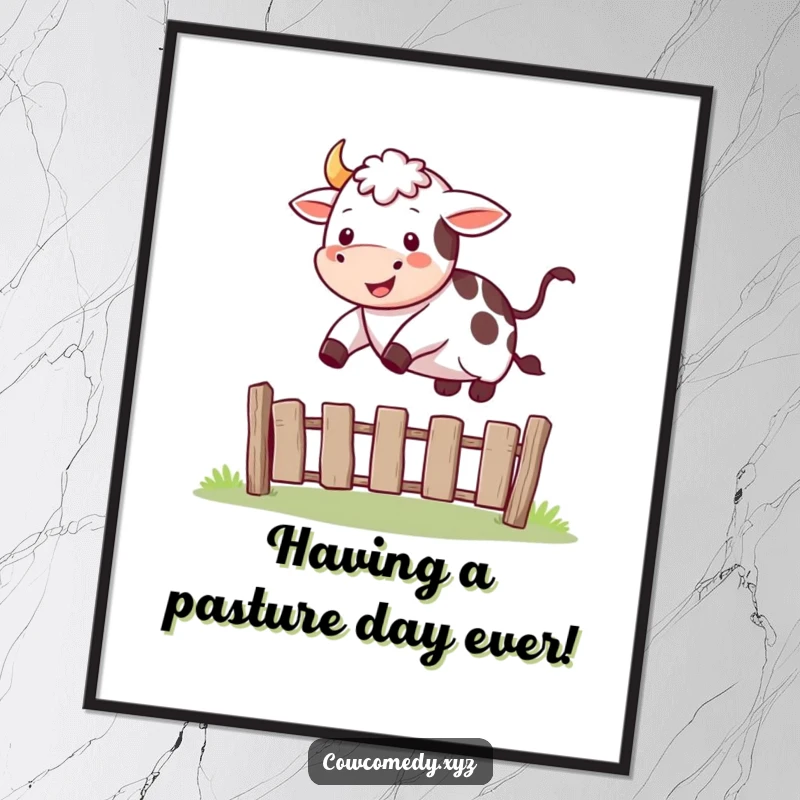 Funny Free Printable Wall Art: A cheerful cow comically jumping over a small fence, radiating pure joy and country spirit.