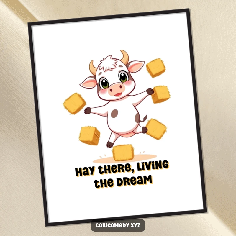 Funny Free Printable Wall Art: A cute calf with huge eyes juggles hay bales while standing on three legs, showcasing its playful talent.