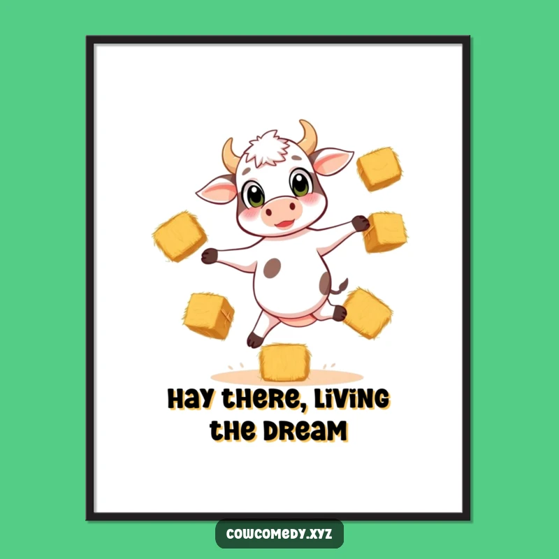 Free Printable Wall Art: Funny Calf Juggling Hay Art, Downloadable Farm Decor, Whimsical & Playful Piece