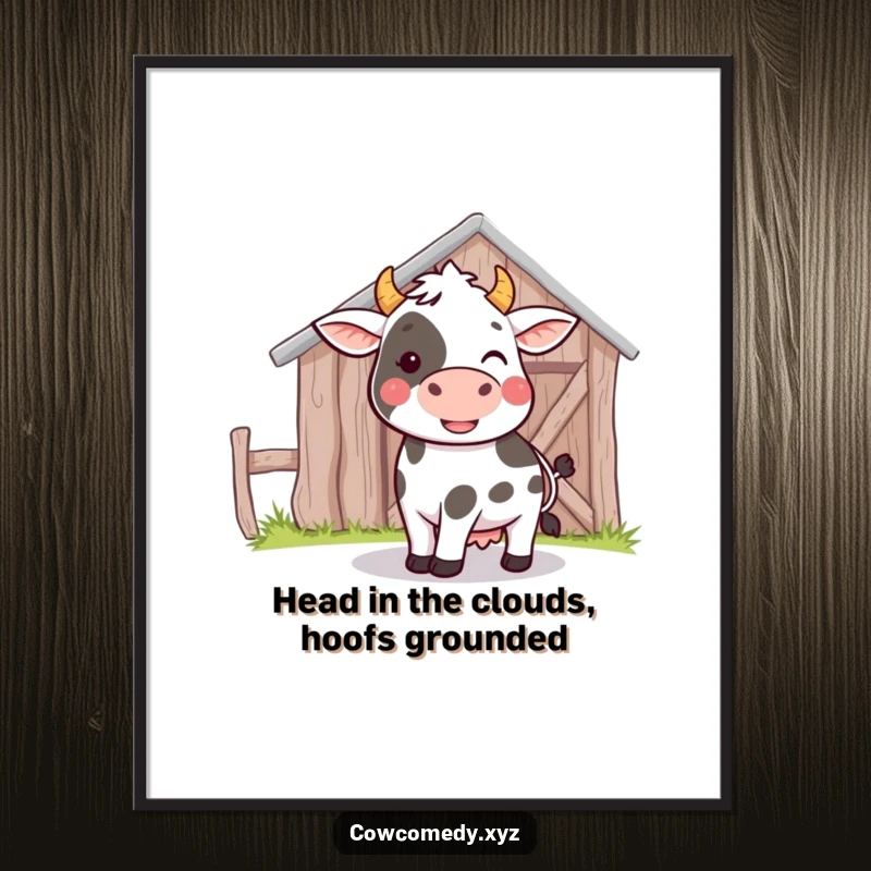 Funny free printable wall art: A cow playfully bumps its head against a barn, charming downloadable decor.