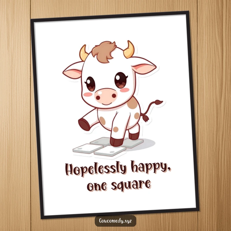Cute Free Printable Wall Art of a Kawaii cow character with big, happy eyes playing a game of hopscotch, full of playful energy.